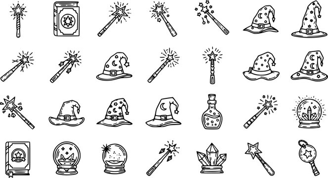 Black and White Line Art Icons of Magic Wands, Witch Hats, Spellbooks, Potions, Crystals, and Crystal Balls