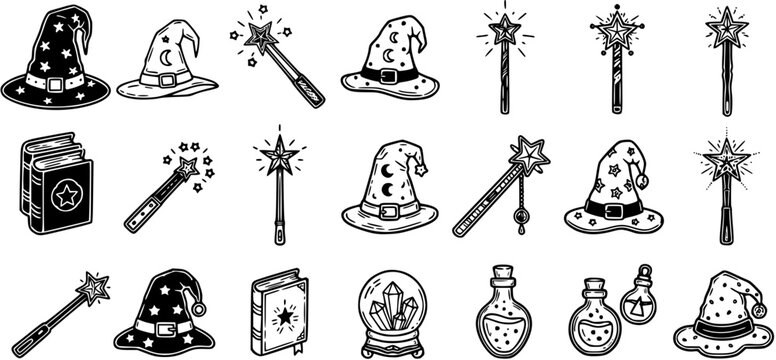 Black and white line art icons of wizard hats, magic wands, books, potions, and crystal ball for fantasy or magic theme