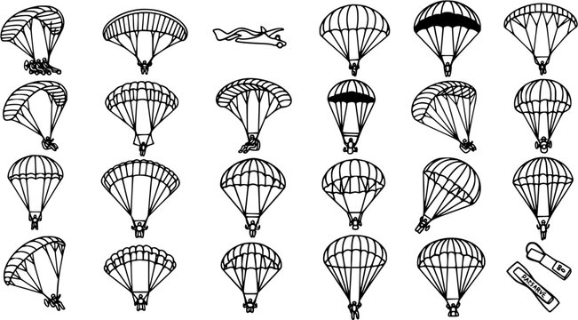 Black and White Line Art Illustrations of Parachutes and Airplane for Adventure and Sports