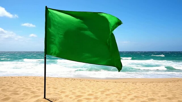 A green flag waves on a pole at the beach with ocean waves.