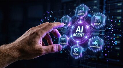 Fototapeta premium AI Agent technology interface with glowing blue icons, artificial intelligence business automation concept, digital software development and analysis