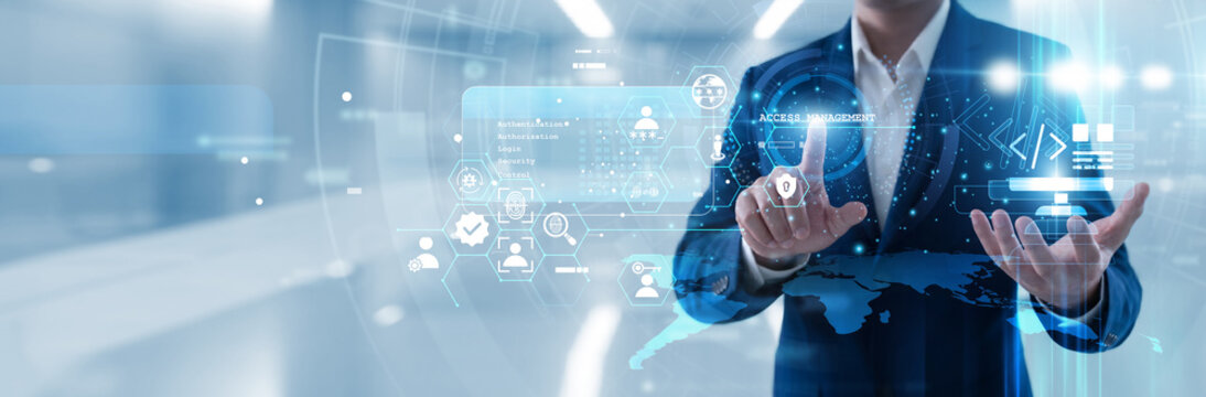 Security admin hand touching access management panel to regulate user permissions, verify identities and protect sensitive data across the cloud while maintaining high safety standards.