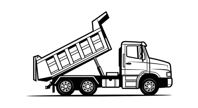 Black and white illustration of a dump truck with elevated bed against white