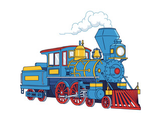 Fototapeta premium Colorful Steam Locomotive Cartoon Illustration, featuring a classic funnel emitting white smoke