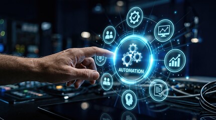 Fototapeta premium Industrial automation software interface, businessman hand touching digital gear icons, smart manufacturing technology and process optimization