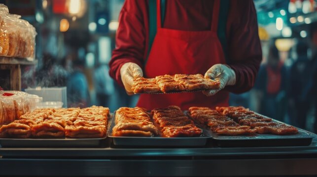 A vendor in red apron holds grilled food, displaying it at a bustling market stall