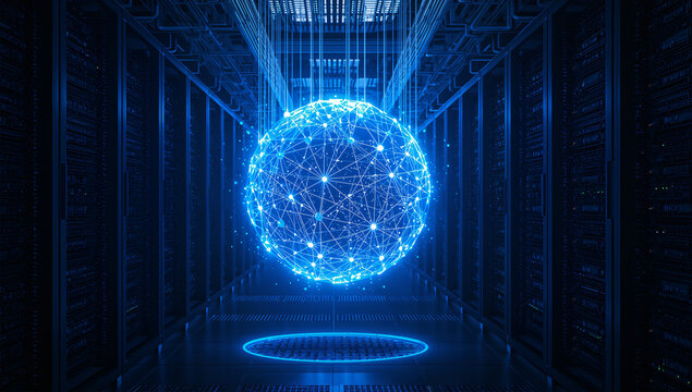 暗いサーバー空間でAIデータ処理コアが青く発光している
