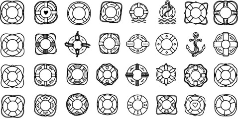 Black and White Line Art Collection of Various Lifebuoy and Anchor Icons for Nautical and Safety Themes © pixsource