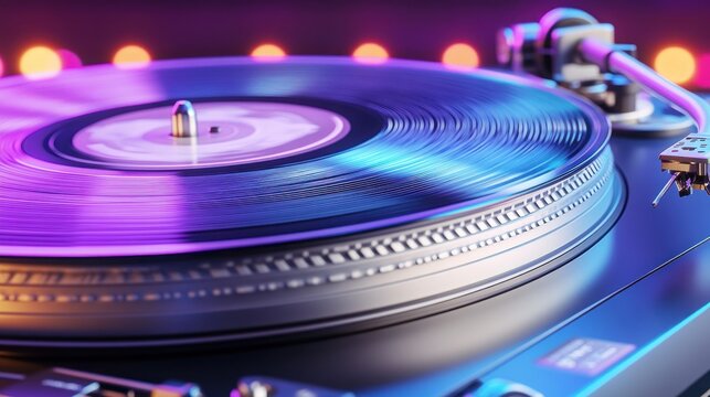 A close-up of a vinyl record on a turntable bathed in colorful, ambient lighting