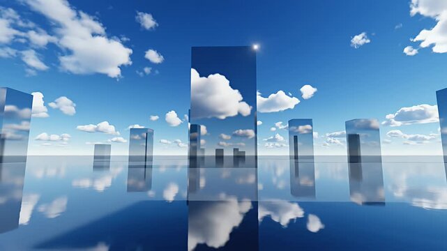 Abstract reflections of sky and clouds in a surreal architectural landscape.