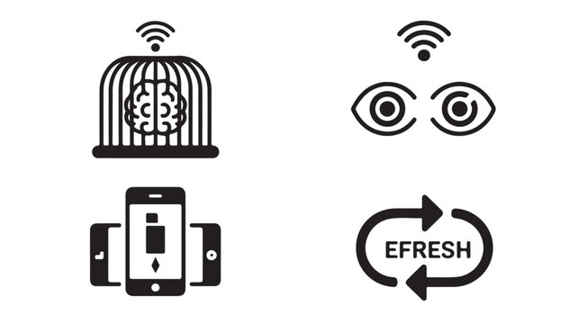 Black icons of brain in cage, eyes with wifi signal, smartphone sync and refresh button on white background for technology concepts