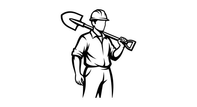 Construction worker holding shovel on shoulder silhouette illustration