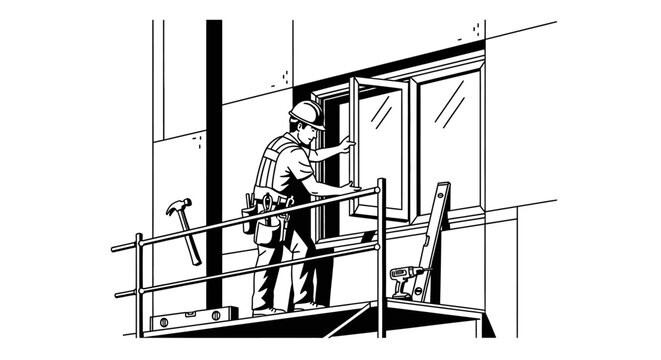 Construction worker installing window on building exterior black and white illustration