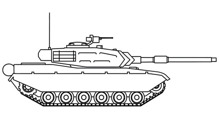 Line drawing of a military tank side view showing detailed mechanical components © JOHIRUL_STUDIO