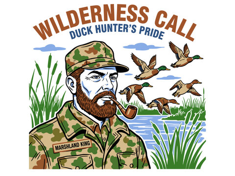 Wilderness call duck hunter illustration. Marshland king vintage artwork for t shirt. Duck hunting club graphic. Outdoor adventure apparel design.
