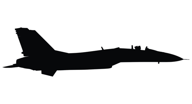 Silhouette of a fighter jet in flight against a white background