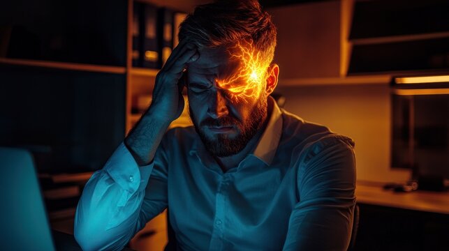 A stressed, bearded man clutches his head with a fiery, glowing effect overlaying his eye