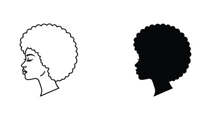 Minimalist profile portrait of African American woman with afro hairstyle in line art and solid black silhouette styles for beauty and diversity concepts © Meghna