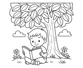Little boy reading book under tree coloring page for kids educational activity illustration.