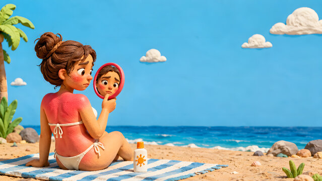 Sunburn concept in 3D claymation style, cute female character with reddish clay skin and tan lines on beach mat, large copy space on pastel blue sky background.