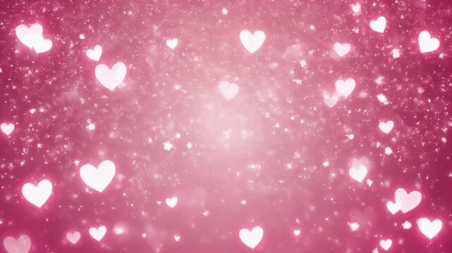 Seamless Loop of Sparkling Pink Hearts and Glittering Particles on a Dreamy Gradient Background, Cinematic Full HD Motion Graphics Animation for Romantic Events