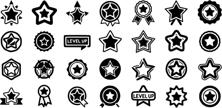 Black and White Star Icons and Badges, Vector Graphics for Gamification and Achievement