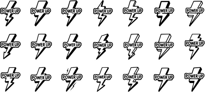 Black and white lightning bolt "Power Up" icons, technology and gaming graphic design