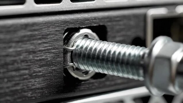 Close-up of a Bolt Being Screwed into a Metal Surface.