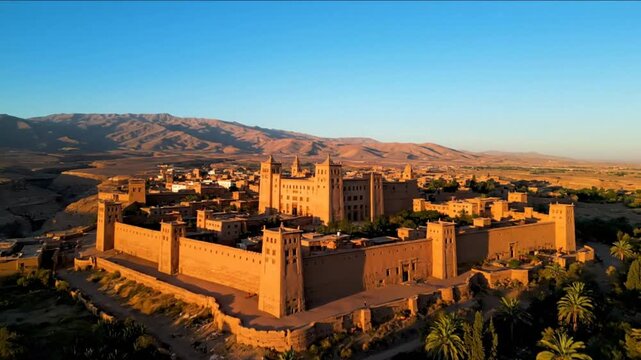 Aerial View of a Majestic Kasbah in the Moroccan Desert Illuminated by the Warmth of the Evening Sun