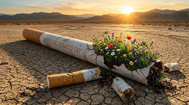A giant cigarette lies cracked on arid land with vibrant flowers growing out of it on World No Tobacco Day in a desolate landscape at sunset.