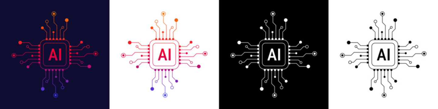Artificial intelligence icon, sign and logo line art style. AI vector processor icon flat design. AI Processor Chip Icon Set .Artificial Intelligence CPU Microchip Circuitry . Tech Logo Vector Design 