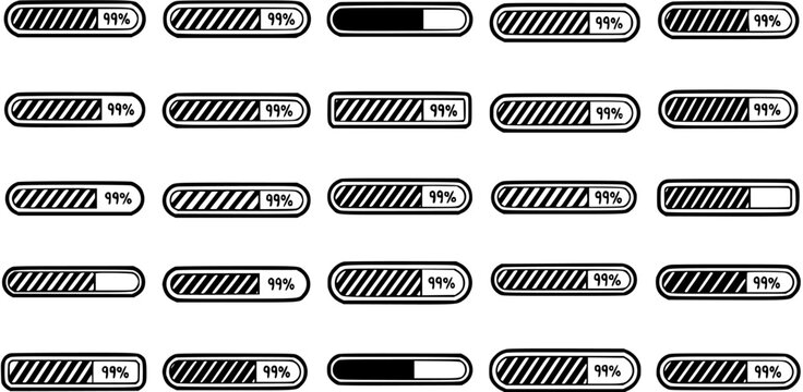 Black and White Line Art Loading Bars and Progress Indicators at 99 Completion
