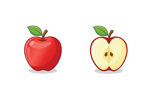 Two cartoon apples one whole and one halved showing seeds apple red fruit illustration healthy