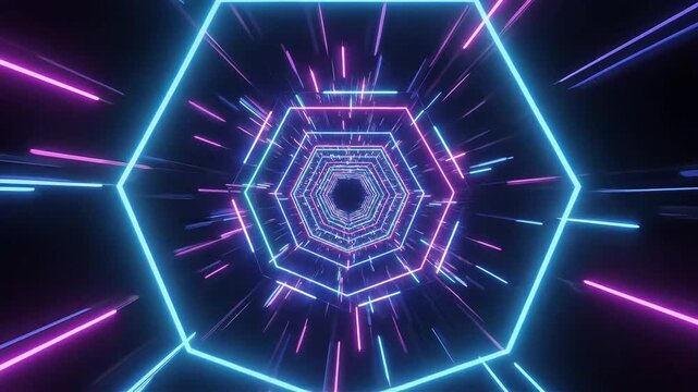 Futuristic neon hexagon tunnel motion background with blue and purple glowing light streaks for sci-fi techno music visuals