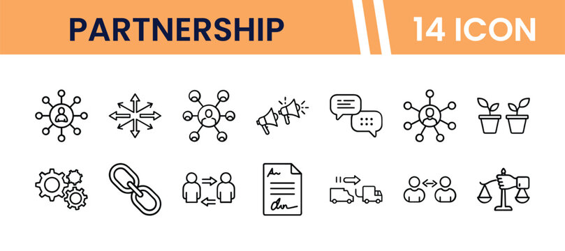 Partnership vector icon set, 14 line art symbols for business collaboration and teamwork. Modern outline graphics for corporate strategy, communication, and growth.