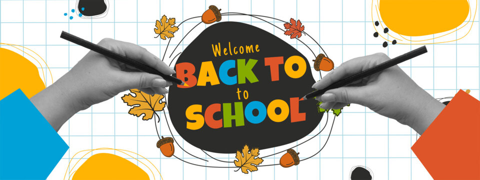 Back to school banner in horizontal panoramic orientation. Creative collage with hands holding pencils, autumn leaves, and colorful shapes on grid background. Design for education marketing.