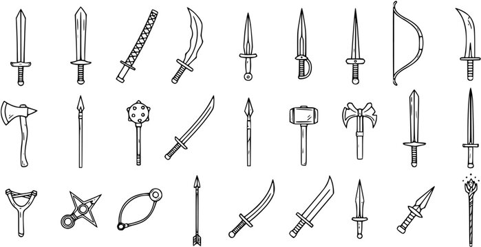 Black and White Line Art of Fantasy Weapons Collection, Sword, Axe, Bow, Dagger, Staff, Maces, Shuriken Vector