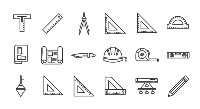Engineering and architecture tools set in minimalist line art style