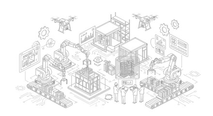 Fototapeta premium Isometric illustration of robotic factory and drones with integrated technology