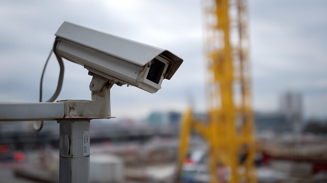 Outdoor Security Camera Monitor Construction Site in Urban Area, Surveillance Technology Ensure Safety, Protect Property, Modern Monitoring System