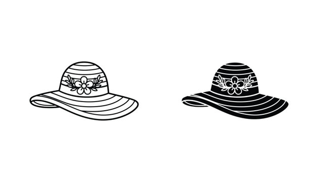 Stylized line art and solid silhouette of a wide-brimmed sun hat with flower detail
