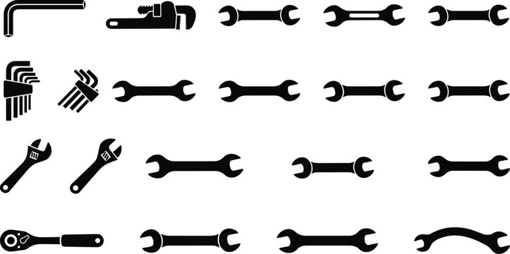 Collection of mechanical hand tool silhouettes including wrenches, ratchet, pipe wrench, and hex keys for industrial and repair design projects