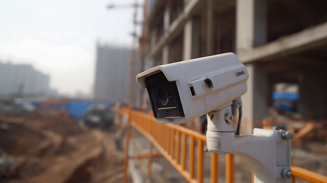 White surveillance security camera monitors construction site activity, ensuring safety and protection in urban development property areas