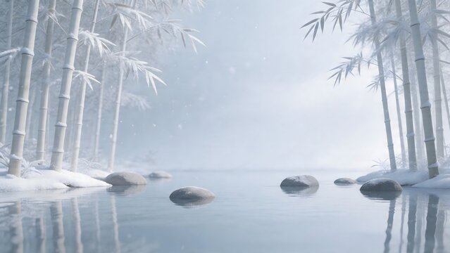 Snowy bamboo forest by water