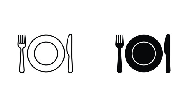 Minimalist outline and solid black silhouette icons of a plate fork and knife representing dining and food service in graphic design