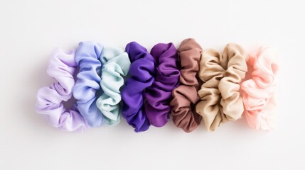 Fototapeta premium A neat arrangement of assorted fabric scrunchies in various pastel colors displayed on a white surface