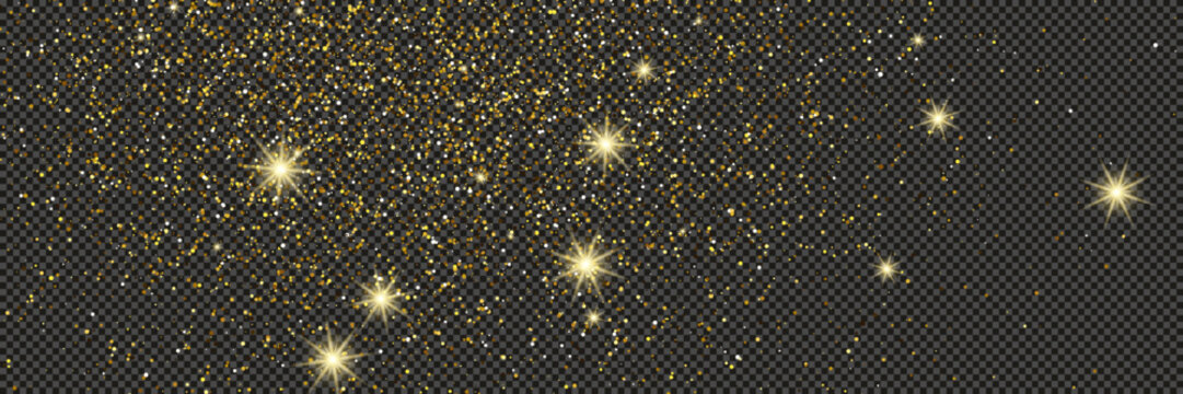 Gold glittering dust with stars on transparent backdrop