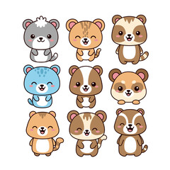 Obraz premium A collection of nine adorable cartoon ferrets or weasels in various colors and happy expressions, illustrated in a cute, friendly style.