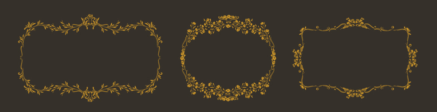 Set of golden frames, monograms, classical arcitecture decor. Design elements for frame, mirror, pattern, border. Page, book decoration. Baroque decor borders, ornaments. 