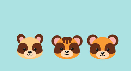 Obraz premium Three adorable cartoon bear faces with different fur patterns and colors against a solid light blue background, illustrating cute animal characters.